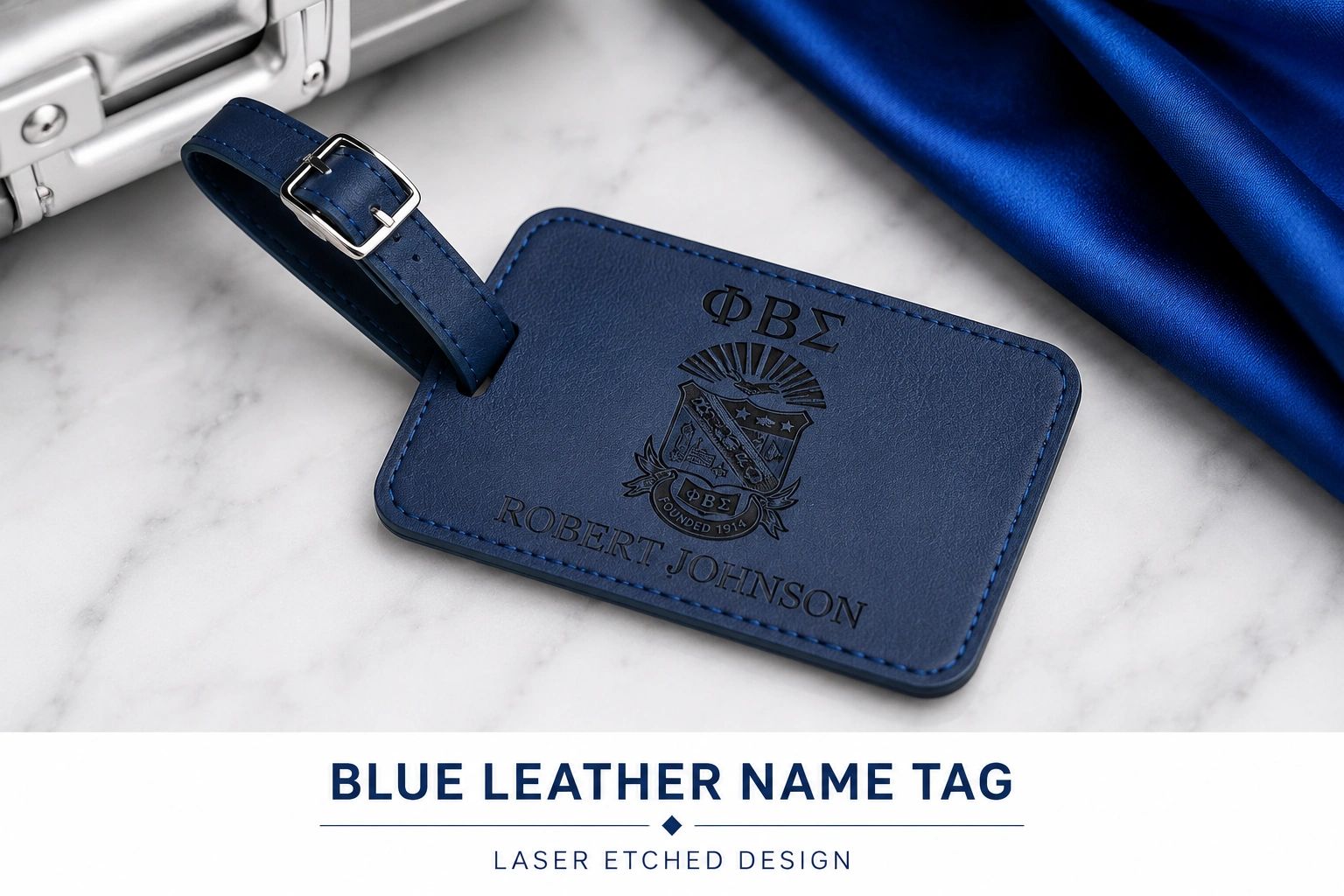 Blue leather name tag with laser etched ΦΒΣ design for Robert Johnson