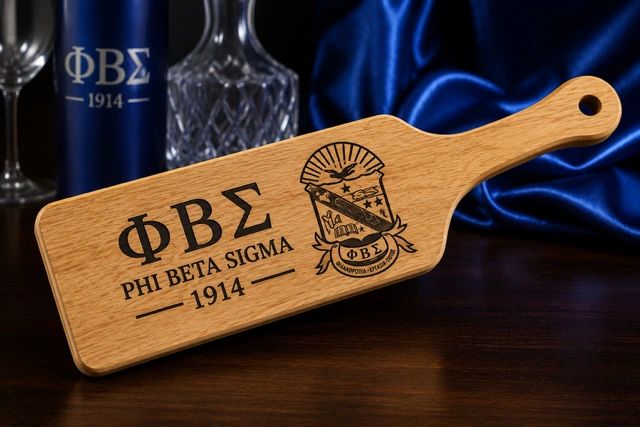 ΦΒΣ Phi Beta Sigma 1914 engraved wooden paddle with glassware