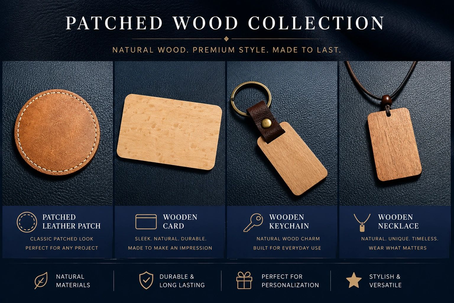 Patched Wood Collection — natural wood, premium style, made to last. Features leather patch, wooden card, wooden keychain, and wooden necklace.