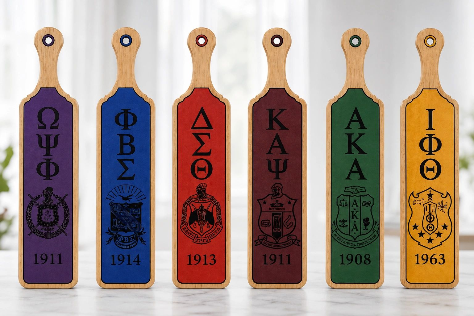Greek fraternity and sorority wooden paddles for ΩΨΦ, ΦΒΣ, ΔΣΔ, ΚΑΨ, ΑΚΑ, ΙΦΘ