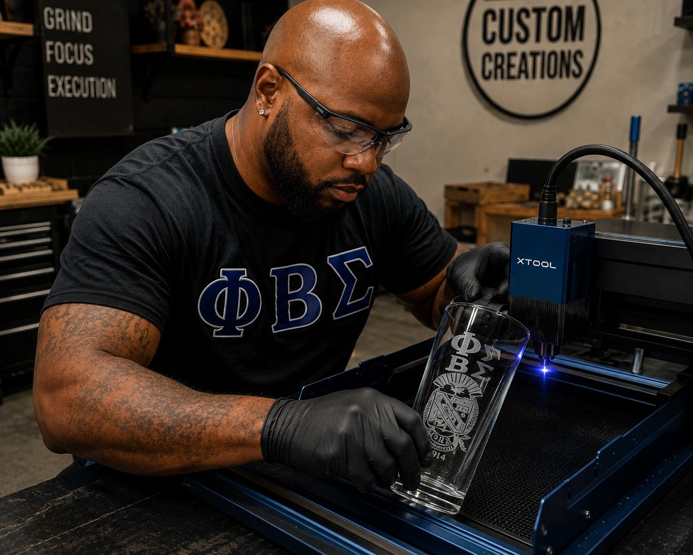 Craftsman using XTOOL laser engraver to create custom ΦΒΣ fraternity glassware — Grind, Focus, Execution